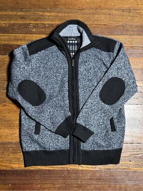 Yeokou Full Zip Wool & Cashmere Sweater Men’s Large Elbow Patched Blue Jacket